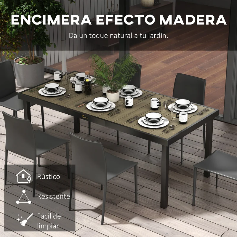 Outsunny Mesa de Comedor Exterior de Aluminio Mesa de Jardín Exterior para 8 Personas con Encimera de Listones para Terraza Balcón 190x90x74 cm Natural y Negro