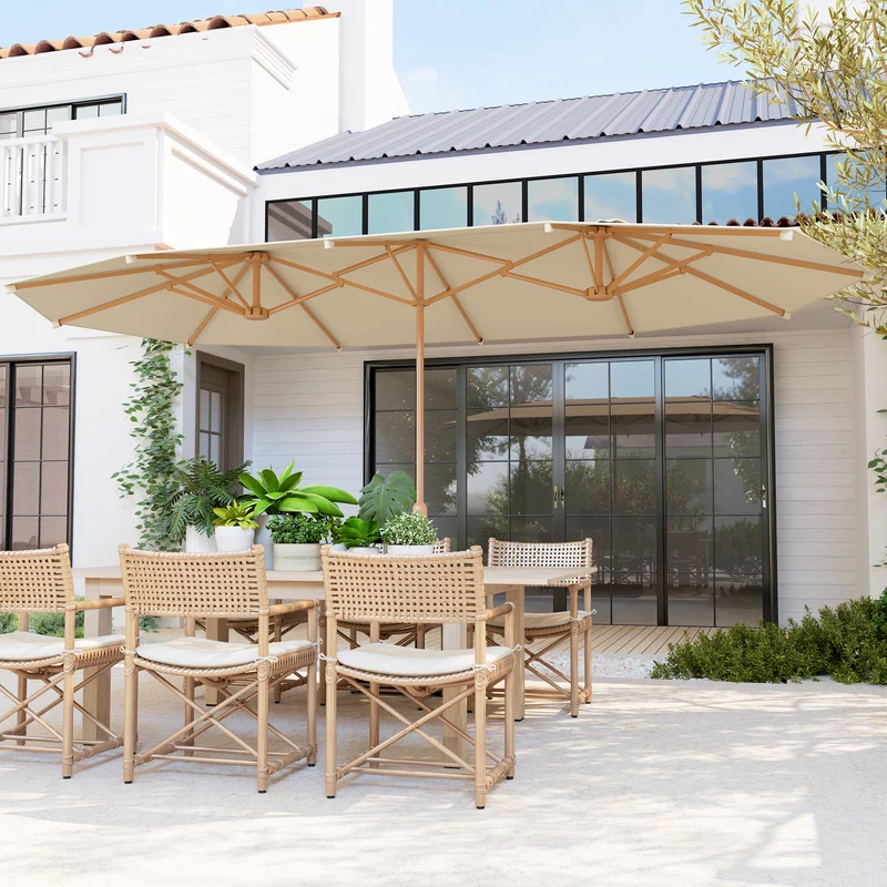 Outsunny Sombrilla Doble 4,55x2,65 m Sombrilla Terraza Exterior con Manivela Manual Resistente al Agua y Protección Solar Sombrilla Grande para Terraza Playa Piscina Crema