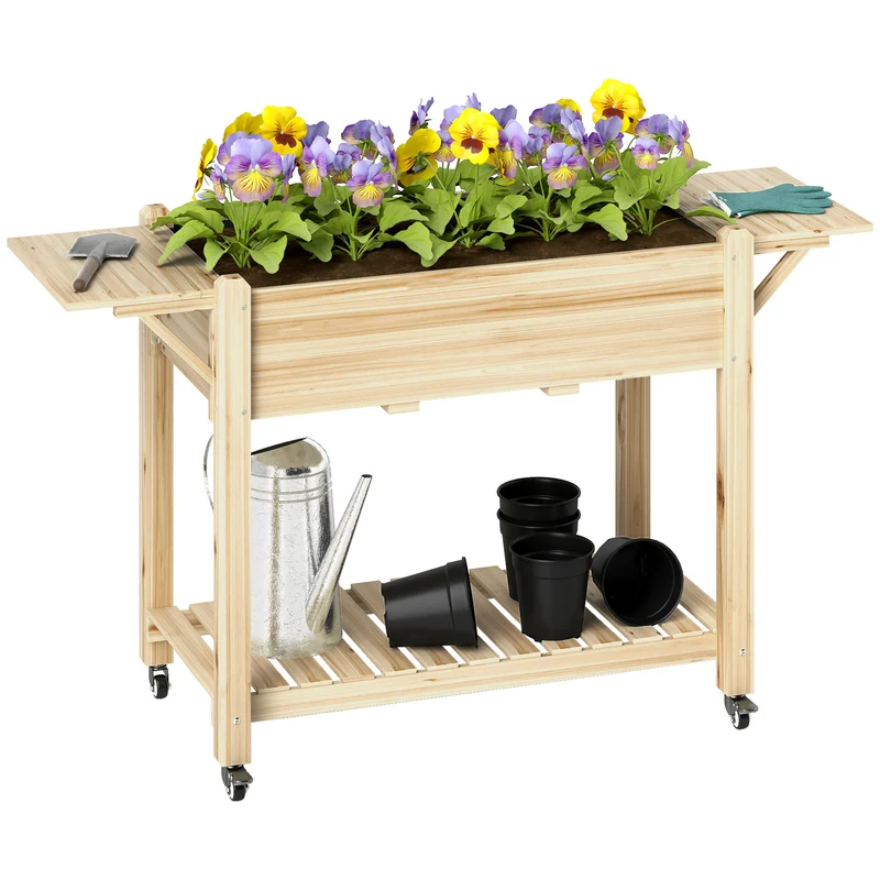 Outsunny Huerto Urbano de Madera Mesa de Cultivo con Ruedas Estante y Repisas Plegables Jardinera Elevada para Cultivo Flores Vegetales en Jardín Terraza 145x52x86 cm Natural