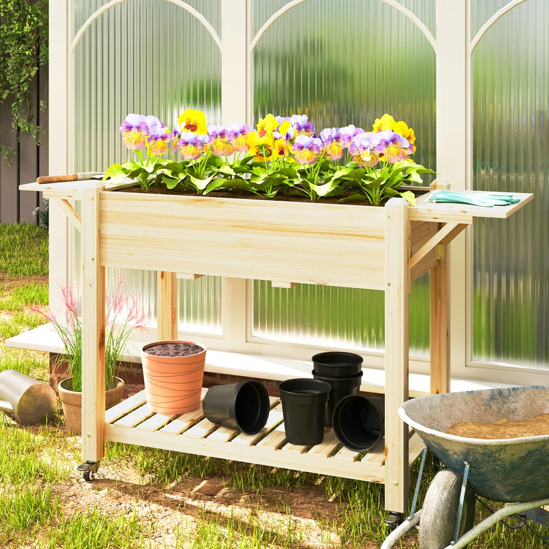 Outsunny Huerto Urbano de Madera Mesa de Cultivo con Ruedas Estante y Repisas Plegables Jardinera Elevada para Cultivo Flores Vegetales en Jardín Terraza 145x52x86 cm Natural