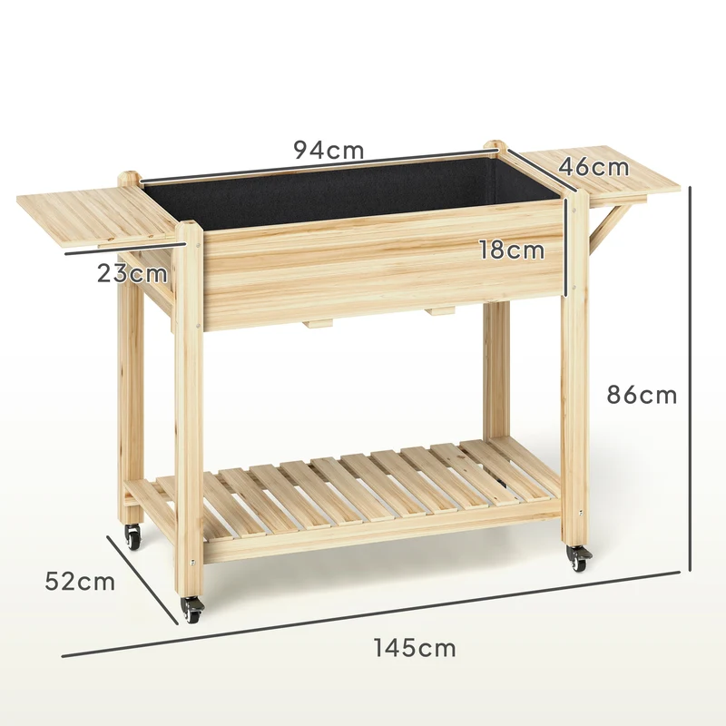 Outsunny Huerto Urbano de Madera Mesa de Cultivo con Ruedas Estante y Repisas Plegables Jardinera Elevada para Cultivo Flores Vegetales en Jardín Terraza 145x52x86 cm Natural