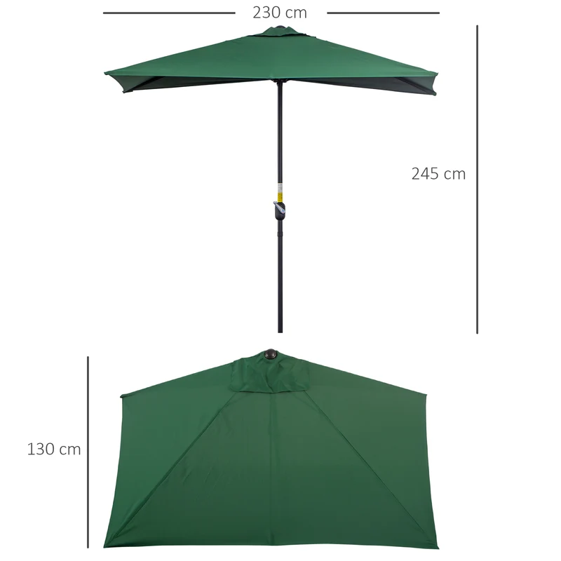 Outsunny Sombrilla Rectangular 230x130x245 cm Parasol para Pared Media Sombrilla con Manivela Protección UV 30+ Impermeable Sombrilla para Balcón Terraza Jardín Verde