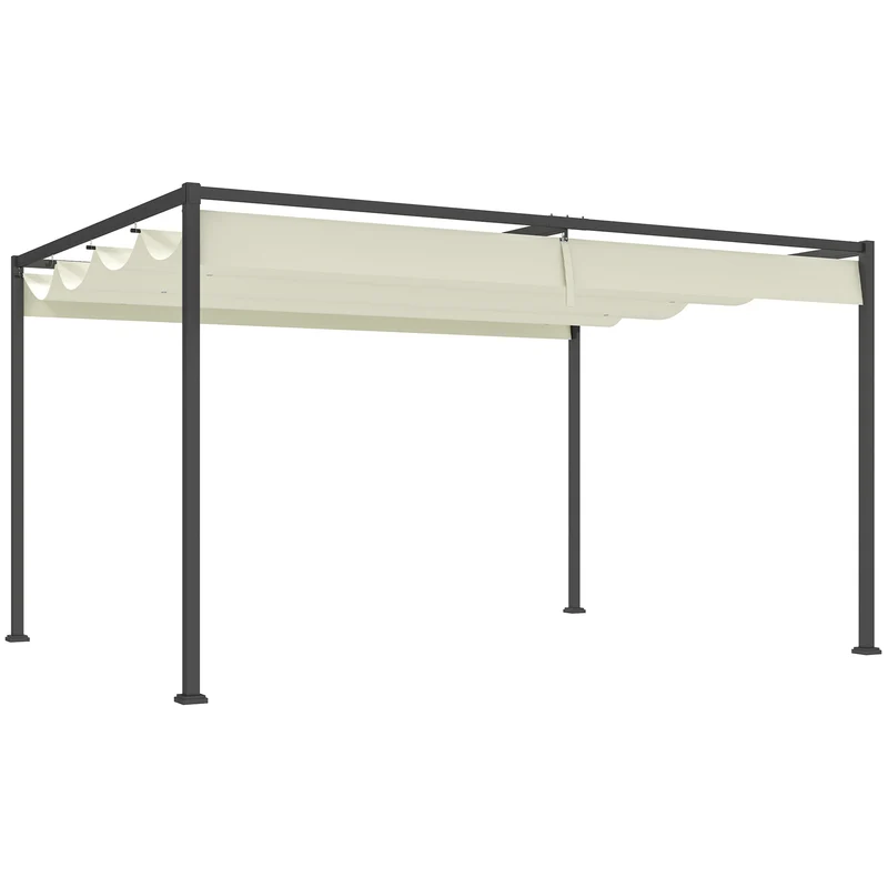 Outsunny Pérgola 4x3 m Cenador de Jardín Pabellón de Diseño Elegante con Techo Retráctil de Poliéster con Recubrimiento Resistente Anti-UV Impermeable para Celebraciones Fiestas Bodas Crema