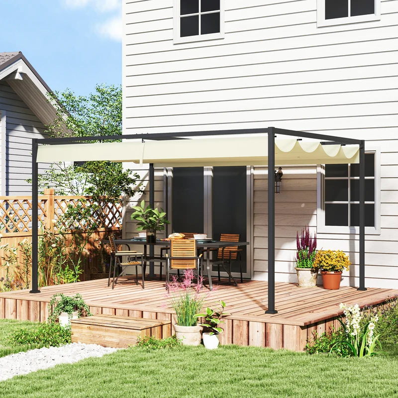 Outsunny Pérgola 4x3 m Cenador de Jardín Pabellón de Diseño Elegante con Techo Retráctil de Poliéster con Recubrimiento Resistente Anti-UV Impermeable para Celebraciones Fiestas Bodas Crema