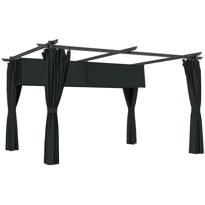 Outsunny Pérgola de Aluminio con Techo Retráctil Pérgola 4x3 m con Paredes Laterales Cenador con Tela de Poliéster Anti-UV Resistente al Agua Pabellón para Jardín Patio Terraza Gris Oscuro