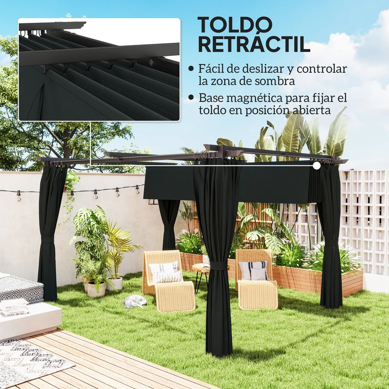 Outsunny Pérgola de Aluminio con Techo Retráctil Pérgola 4x3 m con Paredes Laterales Cenador con Tela de Poliéster Anti-UV Resistente al Agua Pabellón para Jardín Patio Terraza Gris Oscuro