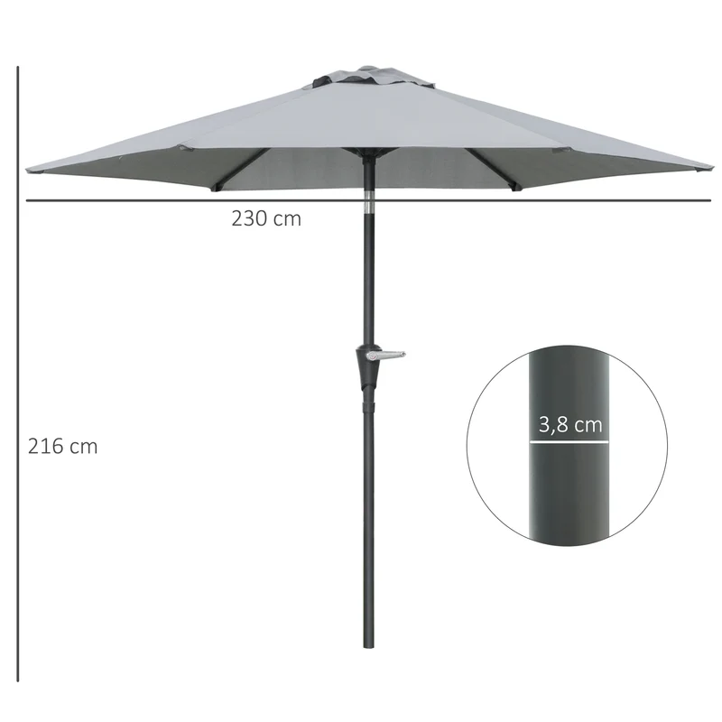 Outsunny Sombrilla Terraza Exterior Ø230 cm Sombrilla de Jardín con Ángulo Ajustable y Manivela Impermeable Parasol para Patio Terraza Gris