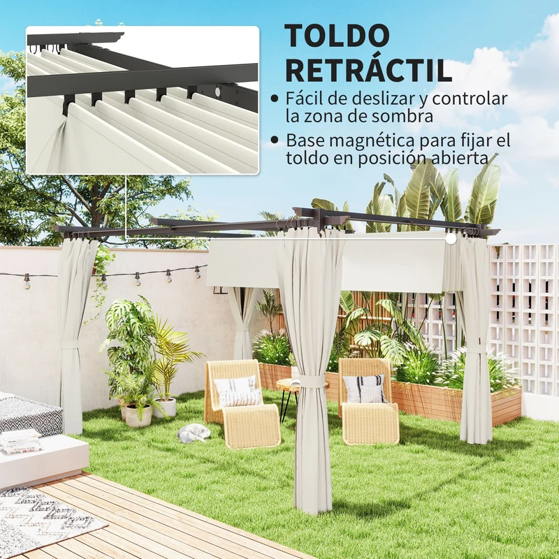 Outsunny Pérgola de Aluminio con Techo Retráctil Pérgola 4x3 m con Paredes Laterales Cenador con Tela de Poliéster Anti-UV Resistente al Agua Pabellón para Jardín Patio Terraza Crema