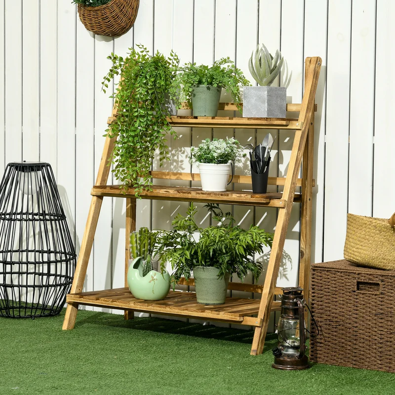 Outsunny Soporte para Plantas de Madera de 3 Niveles Estantería para Plantas Plegable Soporte para Macetas para Interior y Exterior Terraza Jardín Balcón 80x37x93 cm Natural