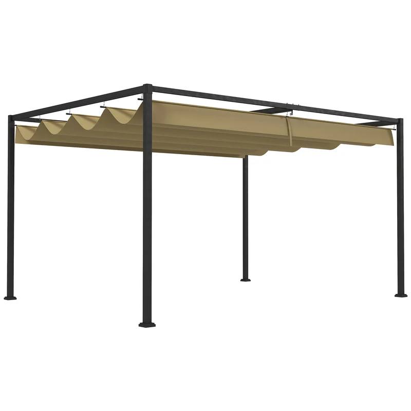 Outsunny Pérgola 3x2 m Cenador de Jardín Pabellón de Diseño Elegante con Techo Retráctil de Poliéster con Recubrimiento Resistente Anti-UV Impermeable para Celebraciones Fiestas Bodas Caqui
