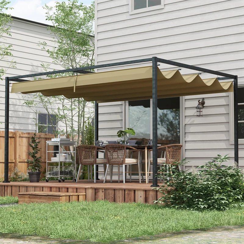 Outsunny Pérgola 3x2 m Cenador de Jardín Pabellón de Diseño Elegante con Techo Retráctil de Poliéster con Recubrimiento Resistente Anti-UV Impermeable para Celebraciones Fiestas Bodas Caqui