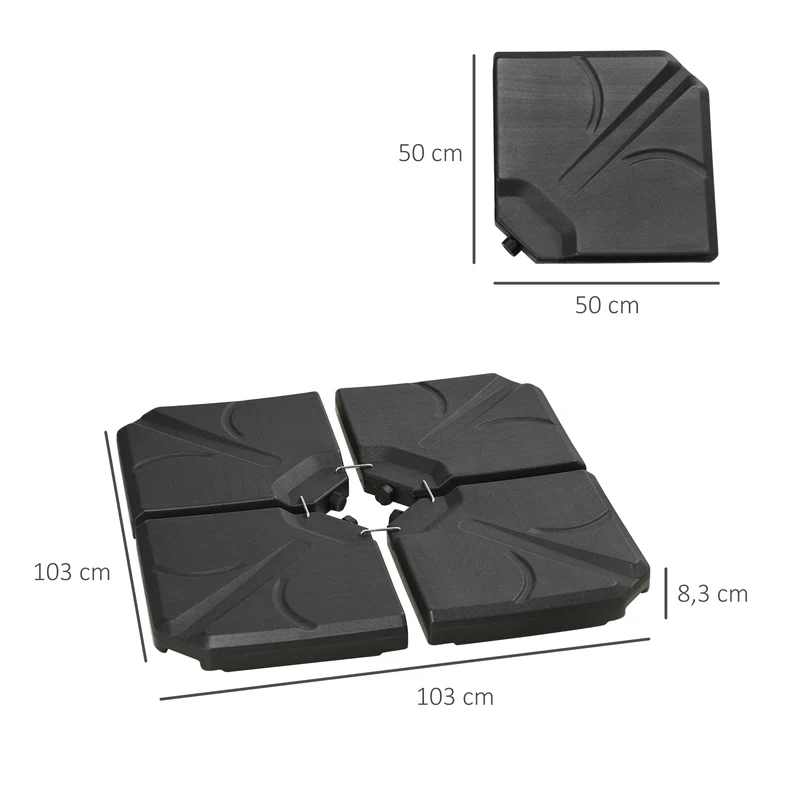 Outsunny Base para Sombrilla de 4 Piezas Soporte para Parasol Rellenable con Arena 72 kg o Agua 56 kg para Jardín Patio Terraza Negro
