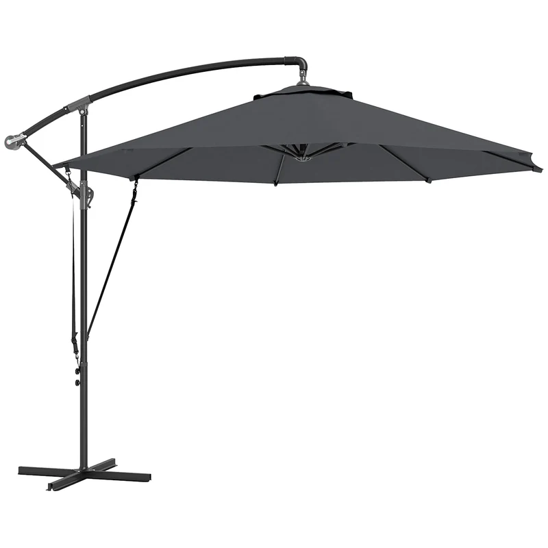Outsunny Parasol Excéntrico Ø 290 cm Sombrilla de Jardín con Base Cruzada Manivela Funda para Sombrilla y Cuerda de Viento Anti-UV 50+ Sombrilla para Terraza Patio Gris Oscuro