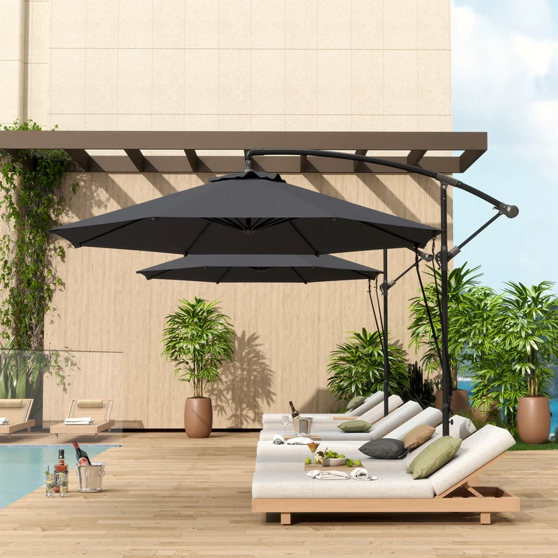 Outsunny Parasol Excéntrico Ø 290 cm Sombrilla de Jardín con Base Cruzada Manivela Funda para Sombrilla y Cuerda de Viento Anti-UV 50+ Sombrilla para Terraza Patio Gris Oscuro