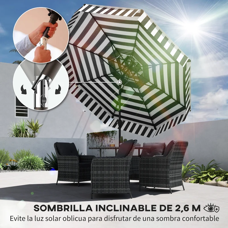 Outsunny Sombrilla Terraza Exterior Ø263 cm Sombrilla de Jardín con Ángulo Ajustable y Manivela Protección UV30+ Parasol para Patio Terraza Negro y Blanco