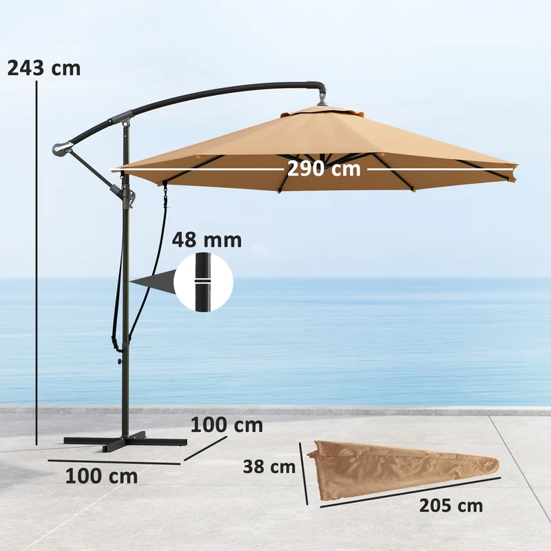 Outsunny Parasol Excéntrico Ø 290 cm Sombrilla de Jardín con Base Cruzada Manivela Funda para Sombrilla y Cuerda de Viento Anti-UV 50+ Sombrilla para Terraza Patio Caqui