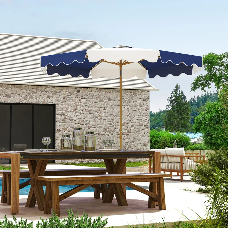Outsunny Sombrilla Terraza Exterior Ø267 cm Sombrilla de Jardín con Ángulo Inclinable y Manivela Protección UV 50+ Parasol para Patio Terraza Azul y Blanco