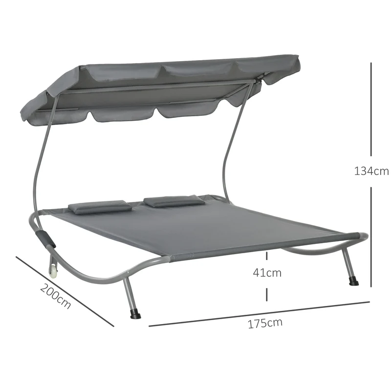 Outsunny Tumbona Doble de Jardín con Toldo Ajustable Tumbona de Jardín Exterior con 2 Cojines para 2 Personas Tumbona de Piscina con 2 Ruedas 200x175x134 cm Gris