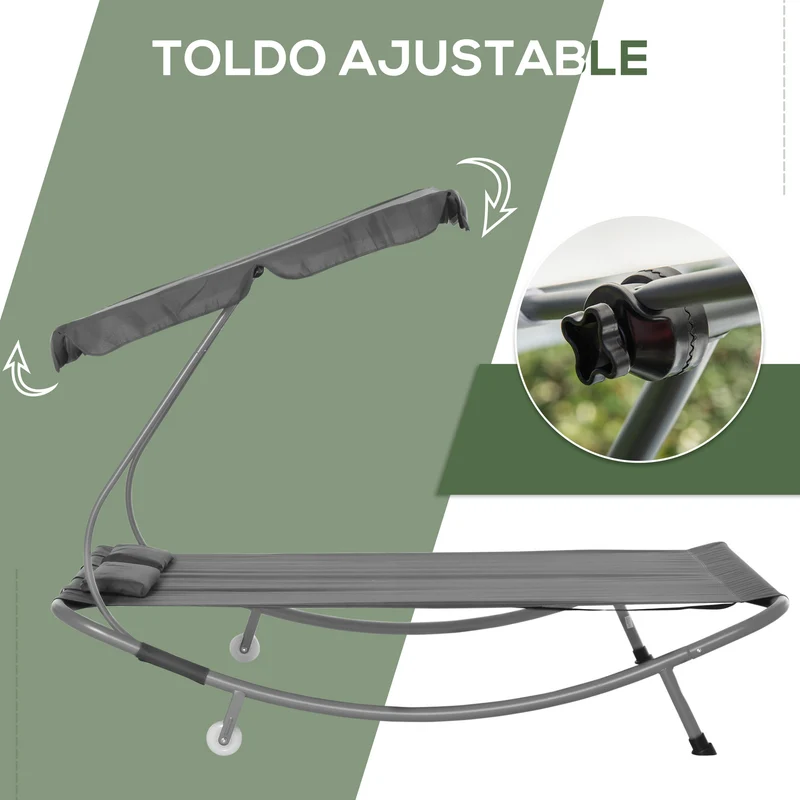 Outsunny Tumbona Doble de Jardín con Toldo Ajustable Tumbona de Jardín Exterior con 2 Cojines para 2 Personas Tumbona de Piscina con 2 Ruedas 200x175x134 cm Gris