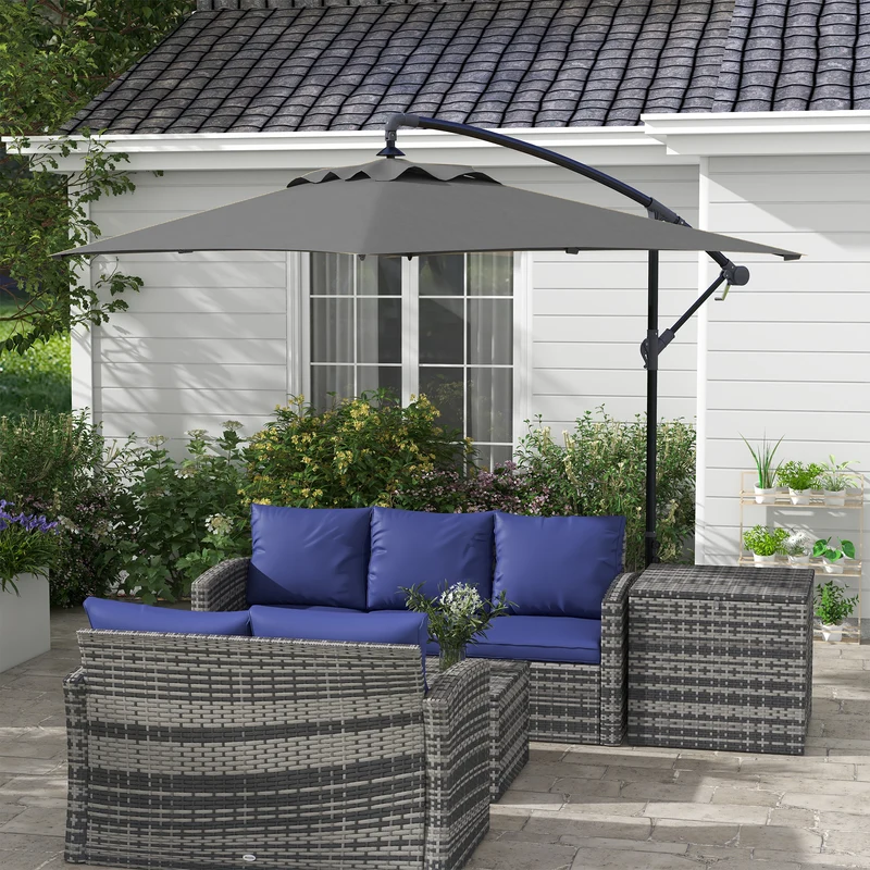 Outsunny Parasol Excéntrico 294x193 cm Sombrilla de Jardín con Base Cruzada y Manivela Impermeable Protección UV Sombrilla para Terraza Patio Gris Oscuro