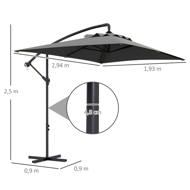 Outsunny Parasol Excéntrico 294x193 cm Sombrilla de Jardín con Base Cruzada y Manivela Impermeable Protección UV Sombrilla para Terraza Patio Gris Oscuro