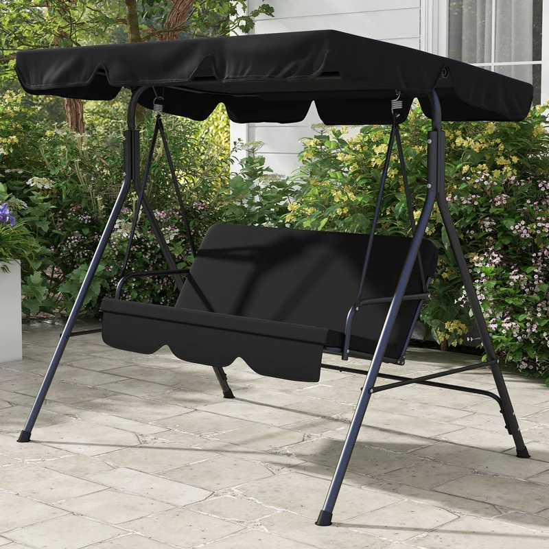 Outsunny Columpio de Jardín de 3 Plazas Balancín Exterior con Techo Ajustable y Marco de Acero para Balcón Terraza Patio Carga 200 kg 172x110x153 cm Negro
