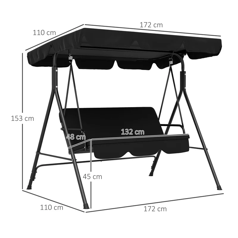 Outsunny Columpio de Jardín de 3 Plazas Balancín Exterior con Techo Ajustable y Marco de Acero para Balcón Terraza Patio Carga 200 kg 172x110x153 cm Negro