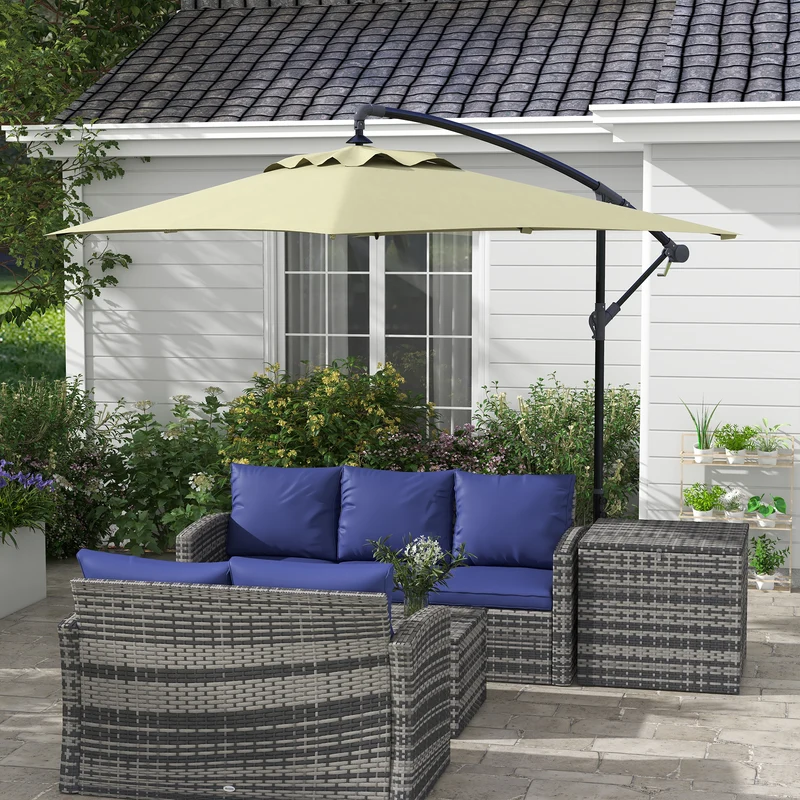 Outsunny Parasol Excéntrico 294x193 cm Sombrilla de Jardín con Base Cruzada y Manivela Impermeable Protección UV Sombrilla para Terraza Patio Beige