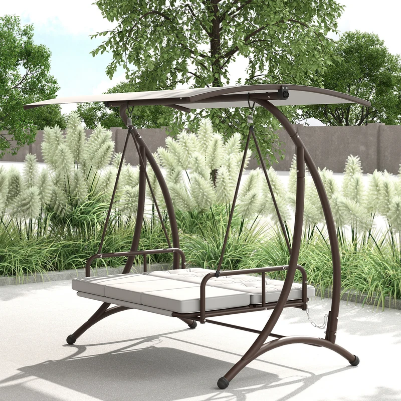 Outsunny Columpio de Jardín Exterior de 3 Plazas Balancín de Jardín Exterior Convertible en Cama con Toldo Ajustable Protección UPF30+ y Cojines Carga 330 kg 200x120x175 cm Gris Claro