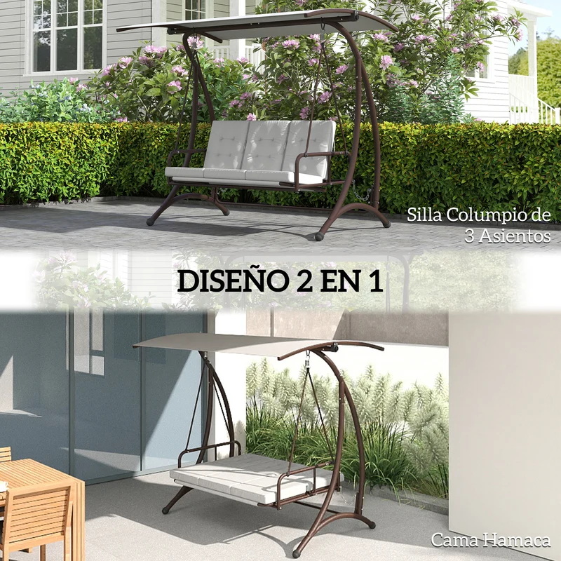 Outsunny Columpio de Jardín Exterior de 3 Plazas Balancín de Jardín Exterior Convertible en Cama con Toldo Ajustable Protección UPF30+ y Cojines Carga 330 kg 200x120x175 cm Gris Claro