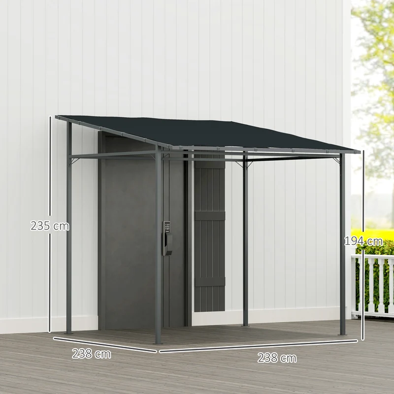 Outsunny Pérgola de Pared 2,4x2,4 m Cenador de Jardín con Techo Inclinado Protección UV 30+ Impermeable y Marco de Metal para Patio Terraza Balcón Gris Oscuro