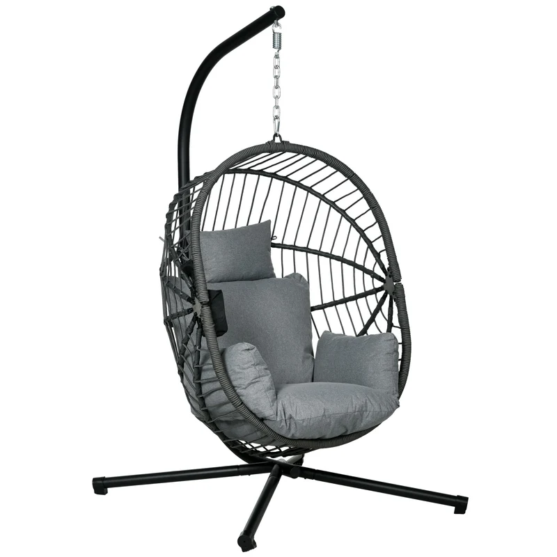 Outsunny Silla Colgante Huevo con Soporte Columpio Jardín Exterior con Cesta Plegable Cojín y Reposacabezas Columpio Colgante para Interior y Exterior Carga 120 kg Gris