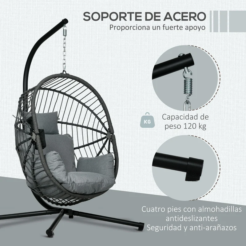 Outsunny Silla Colgante Huevo con Soporte Columpio Jardín Exterior con Cesta Plegable Cojín y Reposacabezas Columpio Colgante para Interior y Exterior Carga 120 kg Gris