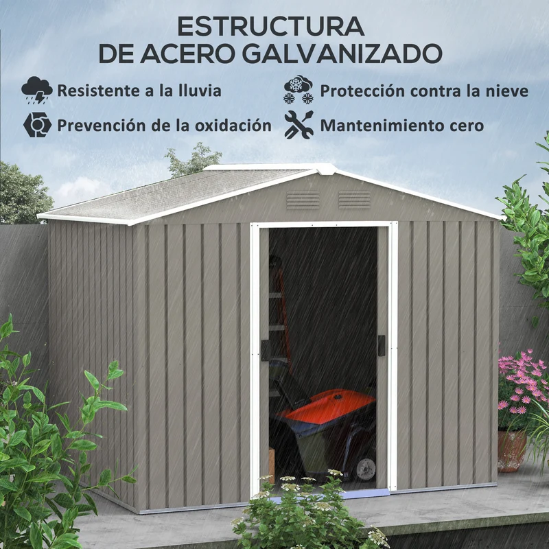 Outsunny Caseta de Jardín Exterior 3,6 m² 236x174x190 cm Cobertizo de Jardín Exterior con 2 Puertas Correderas Techo Inclinado y 4 Ventanas para Patio Terraza Gris Claro