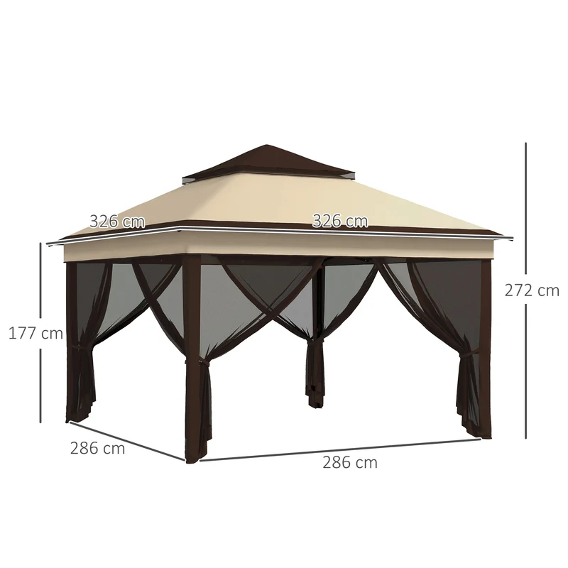 Outsunny Carpa Plegable 3x3x2,7 m Cenador de Jardín con Doble Techo Altura Ajustable 4 Mosquiteras Protección UV30+ Impermeable y Bolsa Gazebo para Exterior Fiestas Camping Beige y Café