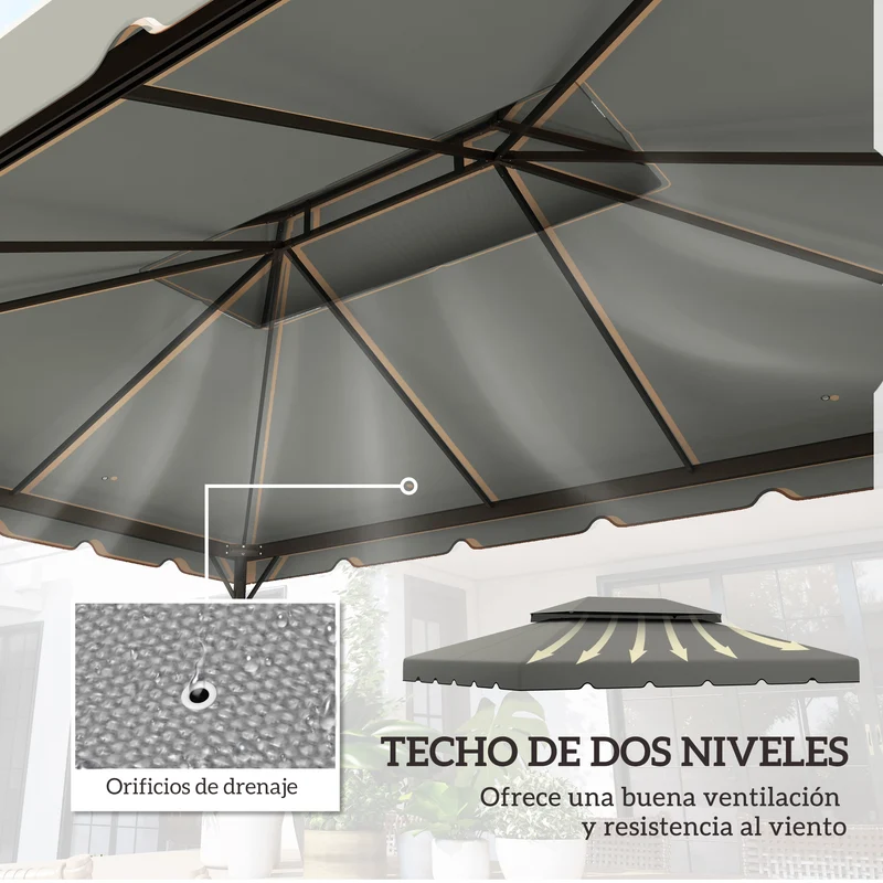 Outsunny Techo de Repuesto para Cenador 4x3 m Cubierta de Repuesto con Techo Doble con 8 Orificios de Drenaje Toldo de Recambio para Pabellón Gazebo Gris Claro