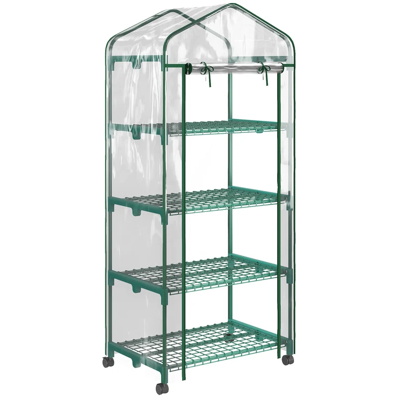 Outsunny Invernadero Pequeño Invernadero de Exterior con Ruedas Estantes de 4 Niveles Puerta con Cremallera y Marco de Acero Invernadero para Cultivar Plantas Flores 69x50x165 cm Transparente