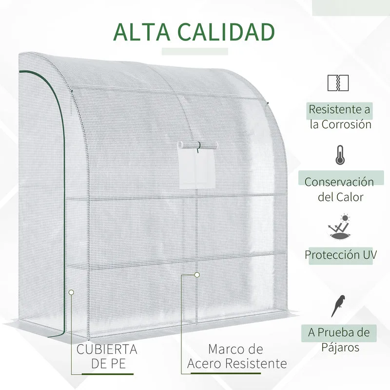 Outsunny Invernadero Pequeño de Pared Invernadero de Exterior con Ventanas Estantes de 3 Niveles y Marco de Acero Invernadero para Cultivar Plantas Flores 200x100x215 cm Blanco