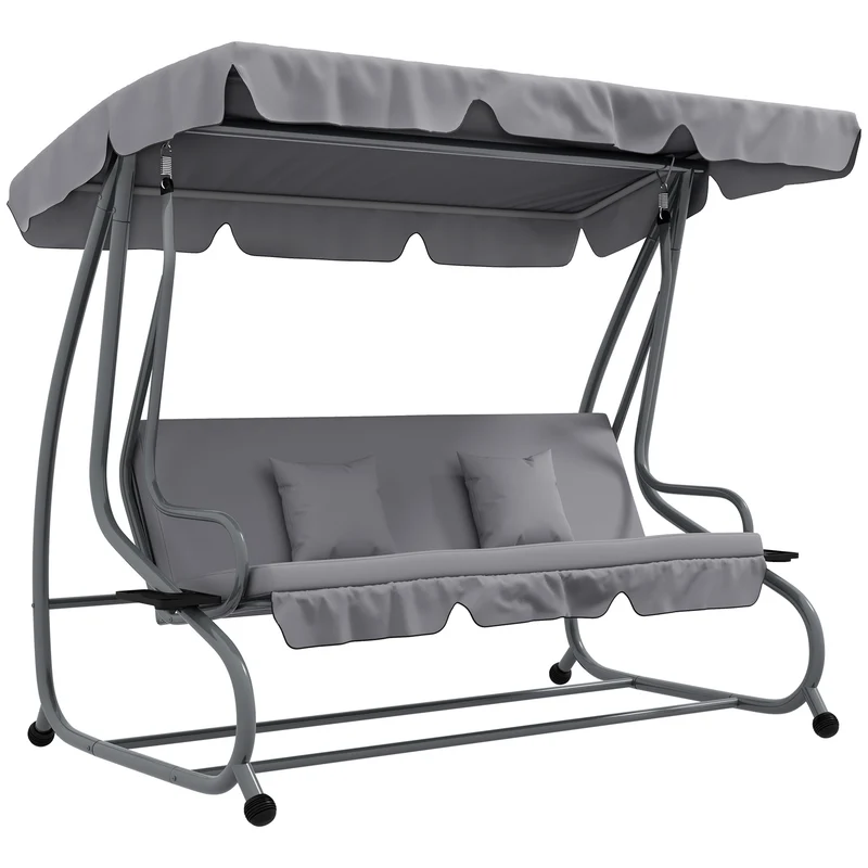 Outsunny Balancín de Jardín Exterior de 3 Plazas Columpio de Jardín Exterior Convertible en Cama con Toldo Ajustable Soportes Laterales y 2 Almohadas Carga 340 kg 200x120x164 cm Gris