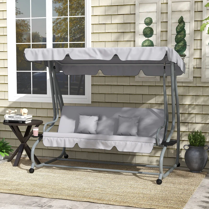 Outsunny Balancín de Jardín Exterior de 3 Plazas Columpio de Jardín Exterior Convertible en Cama con Toldo Ajustable Soportes Laterales y 2 Almohadas Carga 340 kg 200x120x164 cm Gris