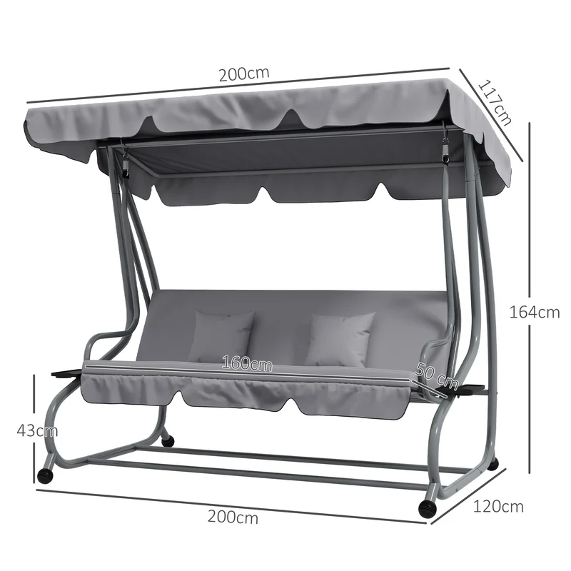 Outsunny Balancín de Jardín Exterior de 3 Plazas Columpio de Jardín Exterior Convertible en Cama con Toldo Ajustable Soportes Laterales y 2 Almohadas Carga 340 kg 200x120x164 cm Gris