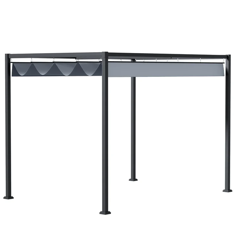 Outsunny Pérgola 4x3 m Cenador de Jardín Pabellón de Diseño Elegante con Techo Retráctil de Poliéster con Recubrimiento Resistente Anti-UV Impermeable para Celebraciones Fiestas Bodas Gris Oscuro