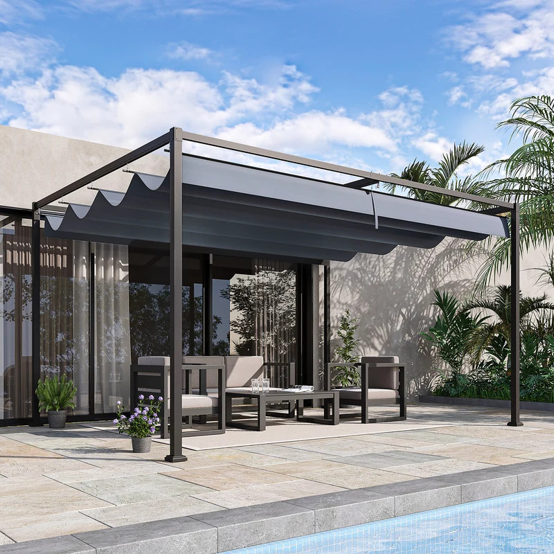 Outsunny Pérgola 4x3 m Cenador de Jardín Pabellón de Diseño Elegante con Techo Retráctil de Poliéster con Recubrimiento Resistente Anti-UV Impermeable para Celebraciones Fiestas Bodas Gris Oscuro