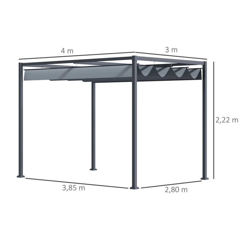 Outsunny Pérgola 4x3 m Cenador de Jardín Pabellón de Diseño Elegante con Techo Retráctil de Poliéster con Recubrimiento Resistente Anti-UV Impermeable para Celebraciones Fiestas Bodas Gris Oscuro