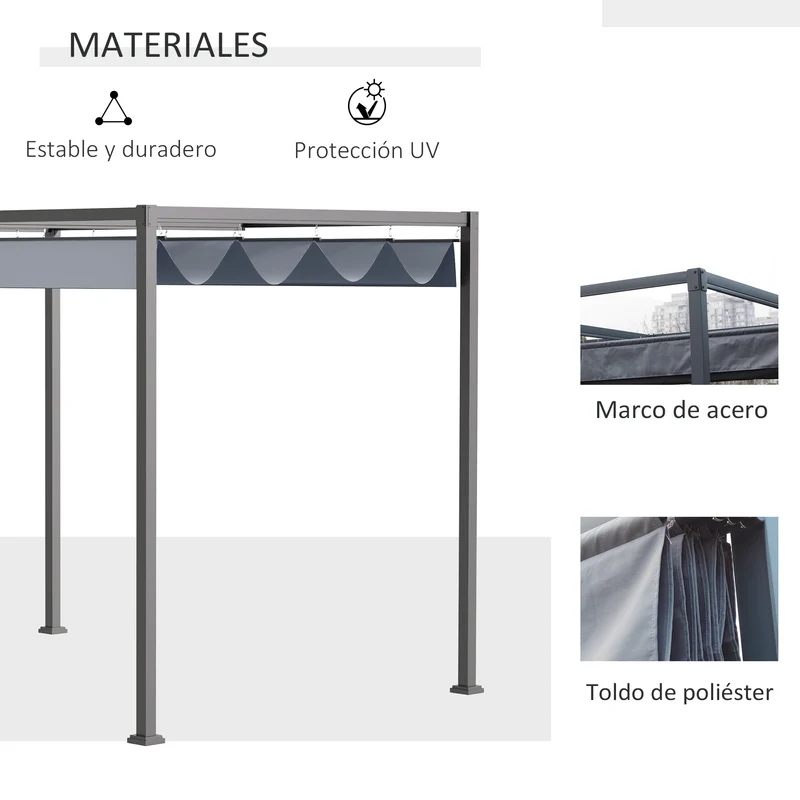Outsunny Pérgola 4x3 m Cenador de Jardín Pabellón de Diseño Elegante con Techo Retráctil de Poliéster con Recubrimiento Resistente Anti-UV Impermeable para Celebraciones Fiestas Bodas Gris Oscuro