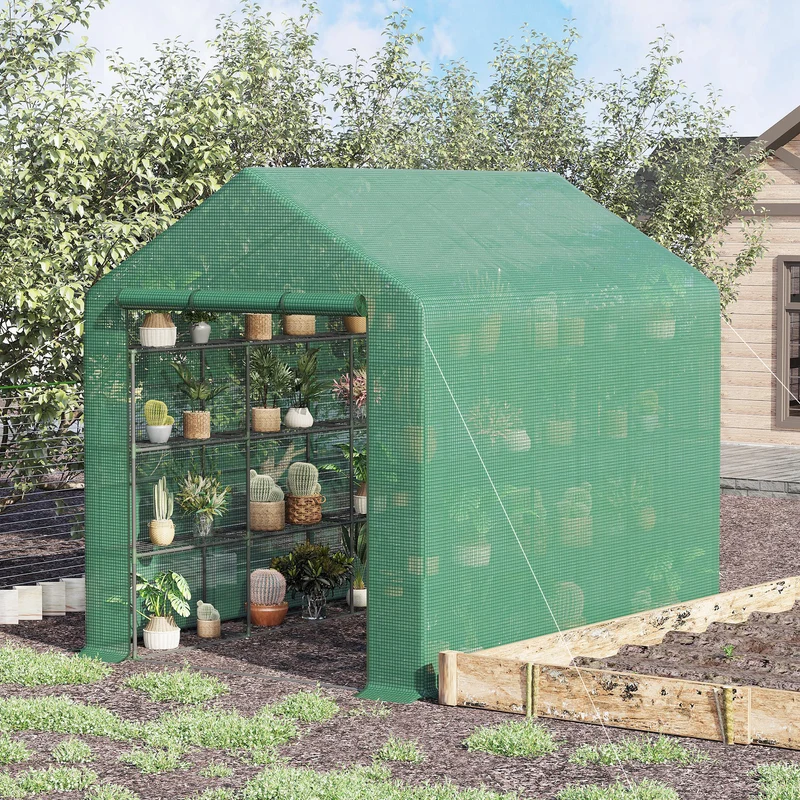 Outsunny Invernadero Pequeño Invernadero de Exterior con Estantes de 4 Niveles Puerta con Cremallera y Marco de Acero Invernadero para Cultivar Plantas Flores 244x180x210 cm Verde