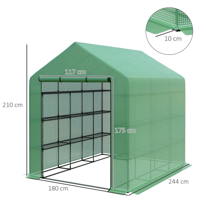Outsunny Invernadero Pequeño Invernadero de Exterior con Estantes de 4 Niveles Puerta con Cremallera y Marco de Acero Invernadero para Cultivar Plantas Flores 244x180x210 cm Verde