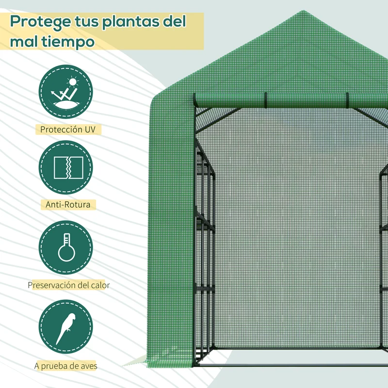 Outsunny Invernadero Pequeño Invernadero de Exterior con Estantes de 4 Niveles Puerta con Cremallera y Marco de Acero Invernadero para Cultivar Plantas Flores 244x180x210 cm Verde