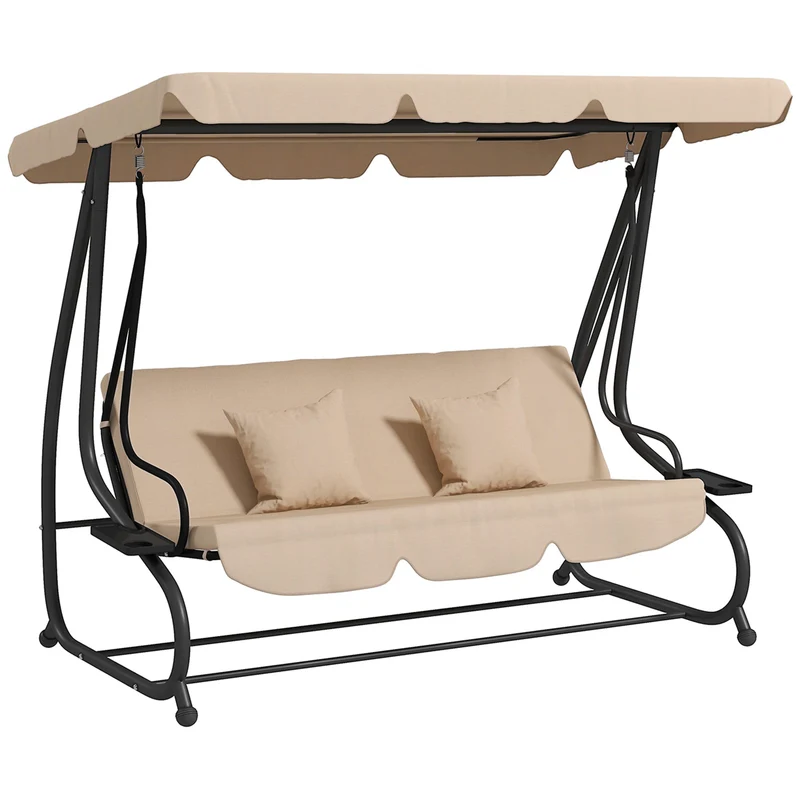 Outsunny Columpio de Jardín Exterior de 3 Plazas 2 en 1 Cama Balancín de Jardín Exterior con Toldo Ajustable Bandejas Laterales y Almohadas para Balcón Terraza Patio Carga 340 kg 200x120x164 cm Arena