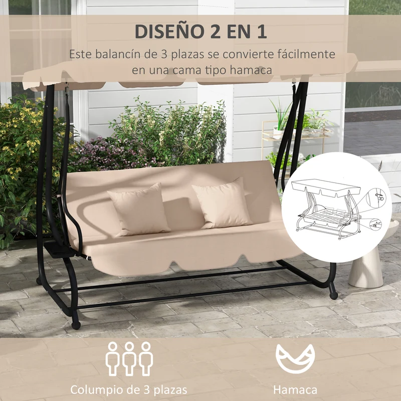 Outsunny Columpio de Jardín Exterior de 3 Plazas 2 en 1 Cama Balancín de Jardín Exterior con Toldo Ajustable Bandejas Laterales y Almohadas para Balcón Terraza Patio Carga 340 kg 200x120x164 cm Arena